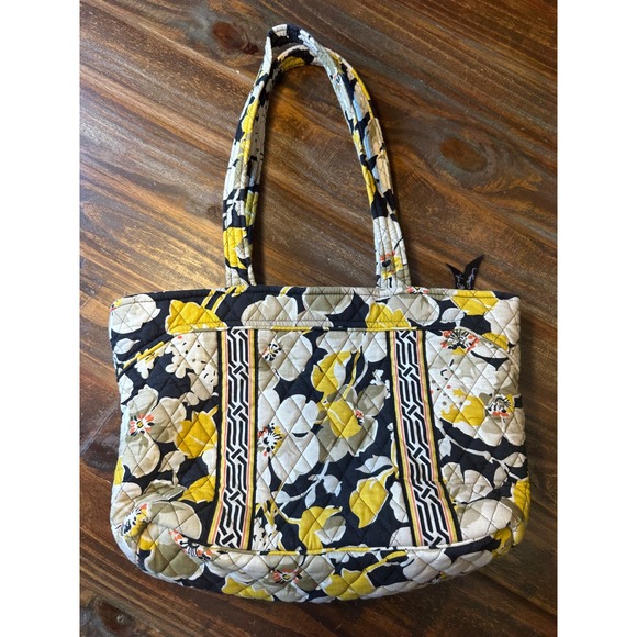 Vera Bradley Sun Valley Quilted Cotton Tote  Floral Yellow Black White Zip 15x10 - Picture 4 of 10